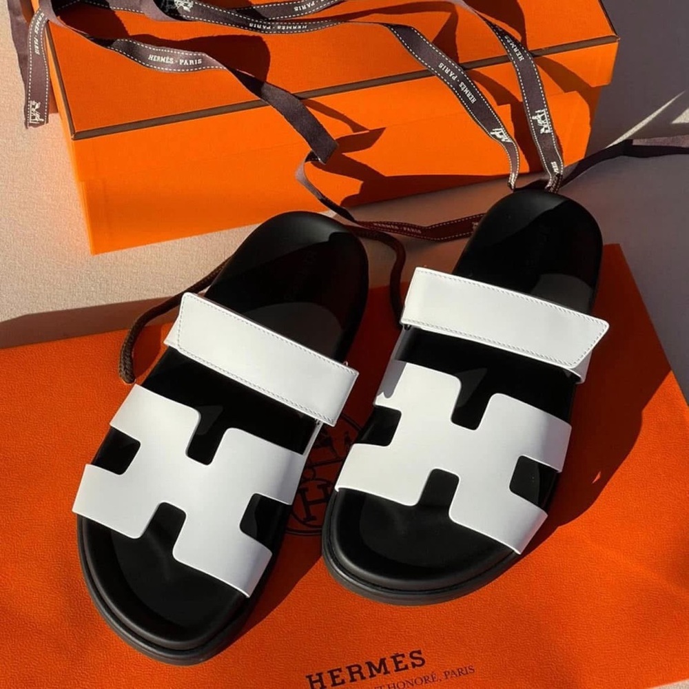Hermès Black and White Slide Sandals
